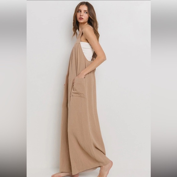 Boho Gauze Cotton  Solid Fabulous Wide Leg Jumpsuit - Picture 2 of 4